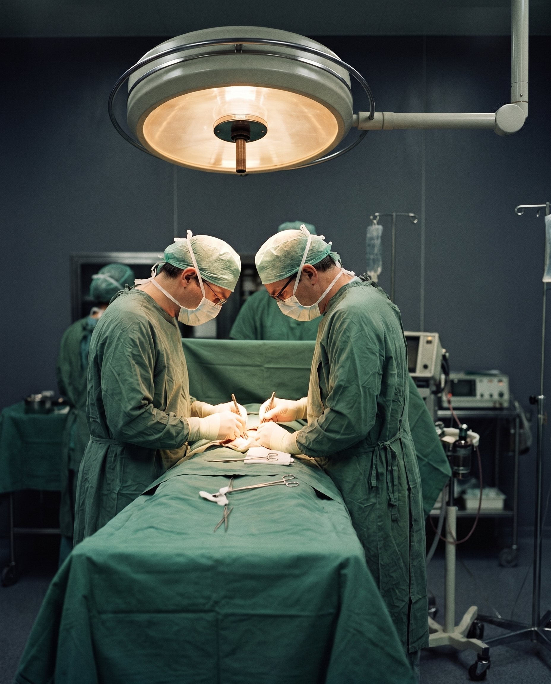 Sala de cirurgia dos anos 1980: cirurgiões de avental verde, touca e máscara operam sob o foco