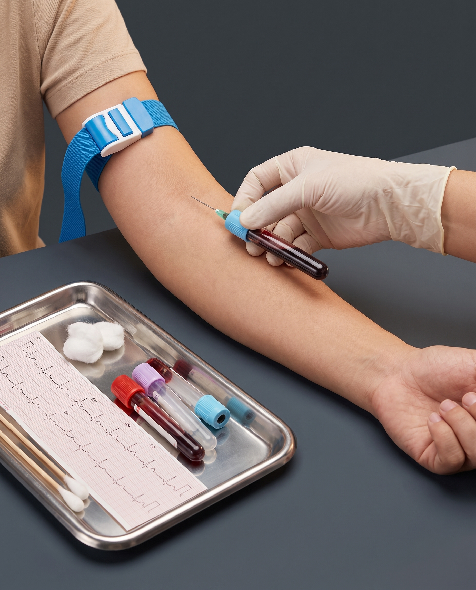 Exames pré-operatórios: coleta de sangue no braço, tubos de coleta e um traçado de eletrocardiograma na bandeja